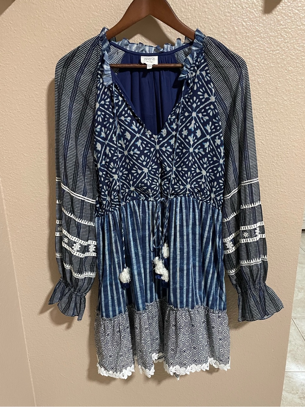 Hemant & Nandita Boho Indigo Patchwork V-Neck Dress